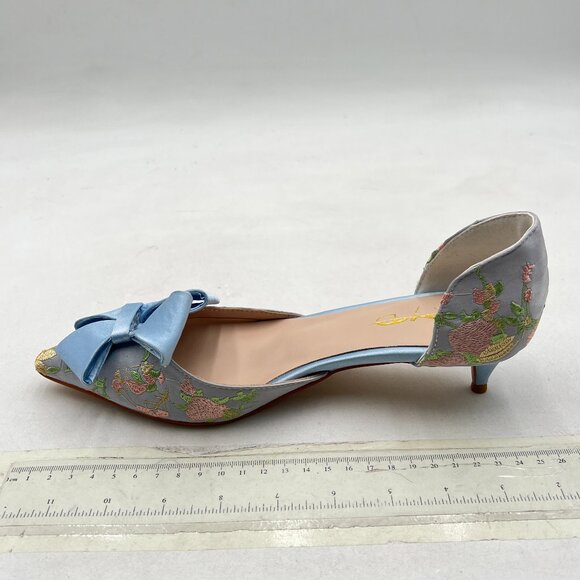 XYD Blue Flower Embroidery D'Orsay Kitten Heel Bridal Bowknot Pointed Toe Pumps - Picture 2 of 8